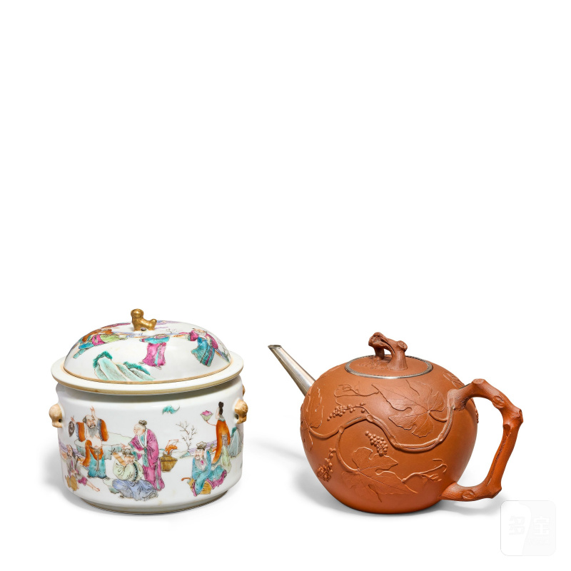 清 宜興段泥茶壺及粉彩人物圖蓋盌 | A YIXING STONEWARE TEAPOT AND COVER AND A FAMILLE ROSE 'FIGURATIVE' TUREEN, LINER AND COVER